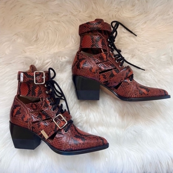 New! CHLOE Rylee Snake-Effect Leather Ankle Boots | Lace-Up Cutout Block Heel - Picture 11 of 16